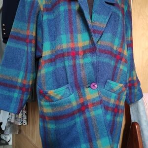 Vintage Karl Lagerfeld Blue Multicolor Plaid Pea Coat